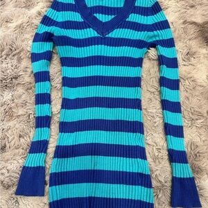 Pink Republic Blue and Teal Striped V-Neck Sweater